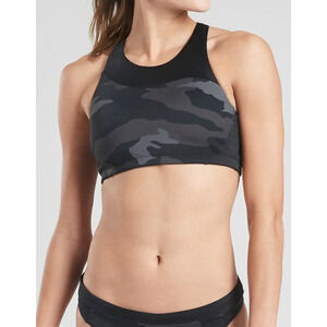 Athleta S Freestyle High Neck top camo neon yellow halter swim bathing suit bra